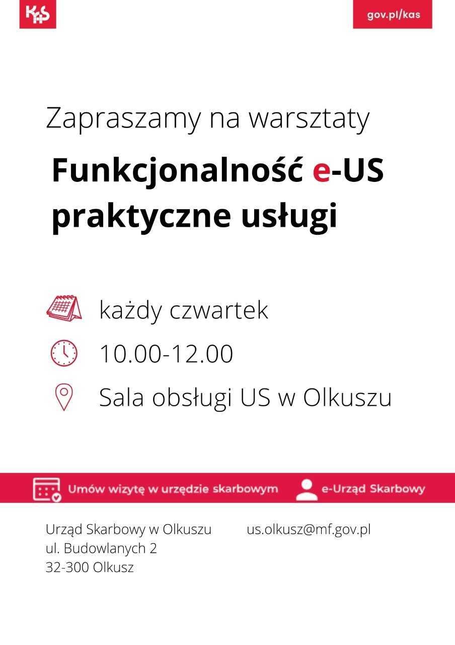 Zaproszenie na warsztaty Funkcjonalność e-US praktyczne usługi, US w Olkuszu