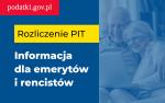 Niebieski slajder. Po lewej stronie napis: Rozliczenie PIT Informacja dla emerytów i rencistów. Po prawej stronie Pan i Pani patrzący w laptopa.